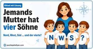 Jemands Mutter hat vier Söhne Rätsel: Mutter mit vier Jungen in T-Shirts mit N, W, S und Fragezeichen